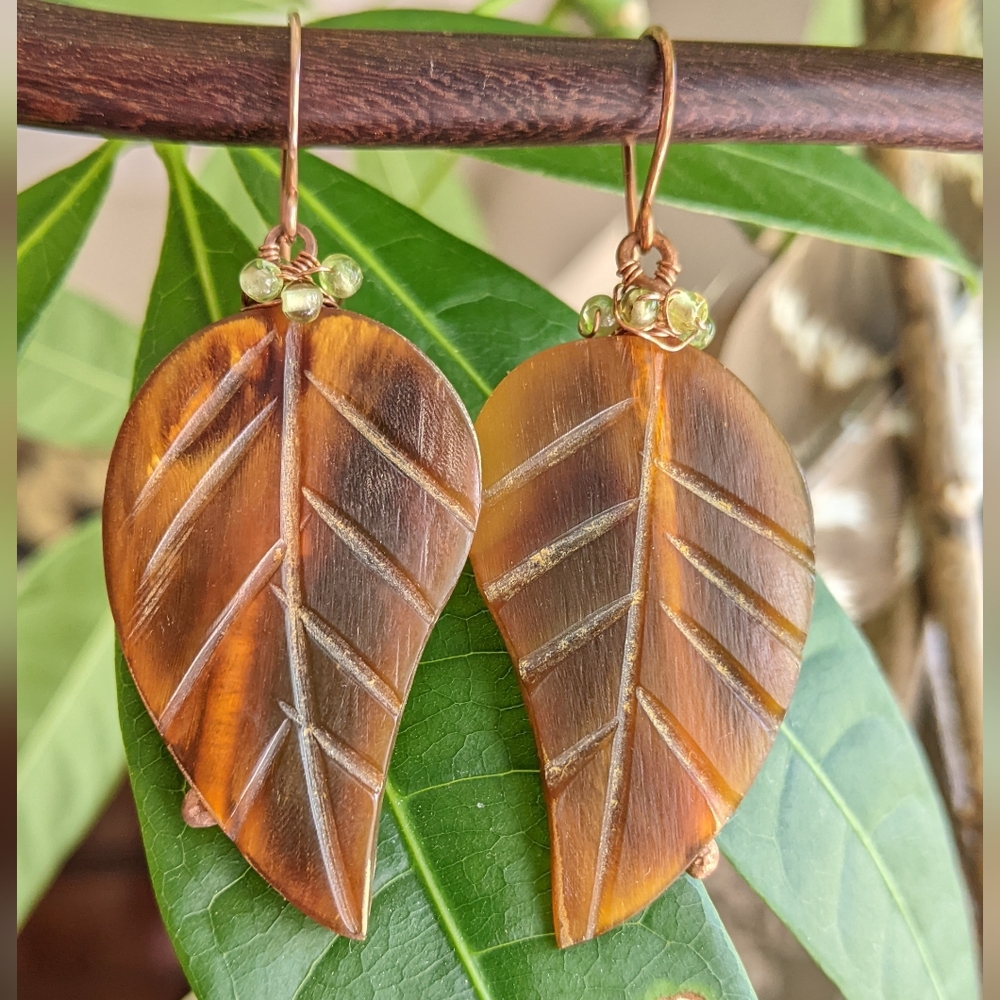 Artisan Autumn Leaf Earrings Carved Horn Hand Wrapped In Solid Copper - Picture 13 of 16